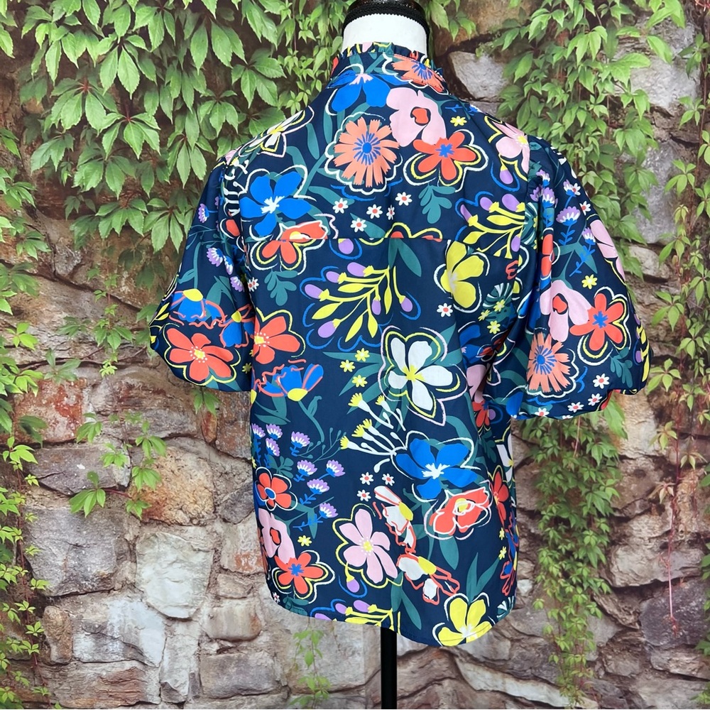 THML Bright Blue Botanical Print Puff Sleeve Resortwear Blouse, S - Picture 6 of 11